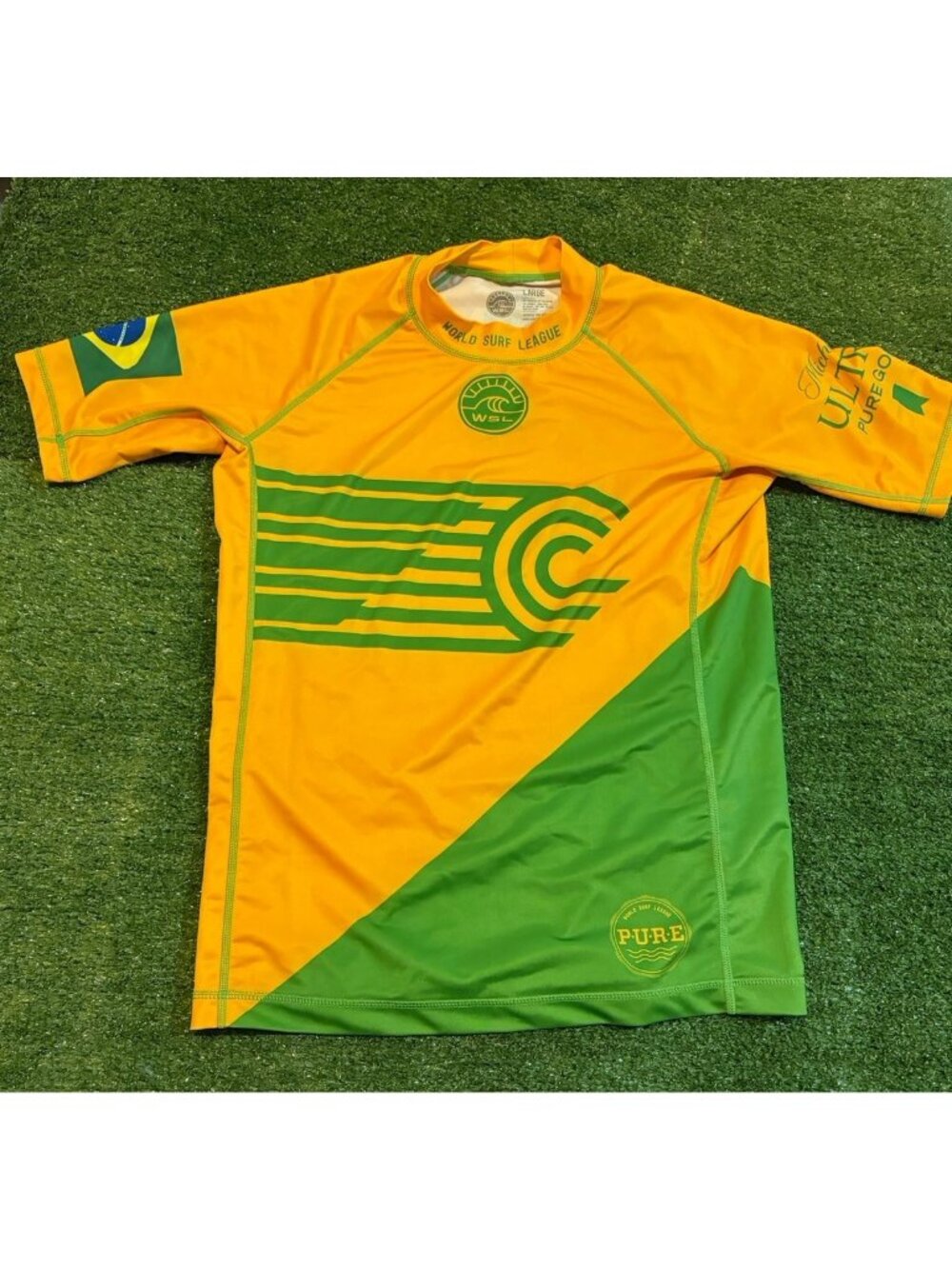 World Surf League jersey mens large yellow green brazil rash guard authentic